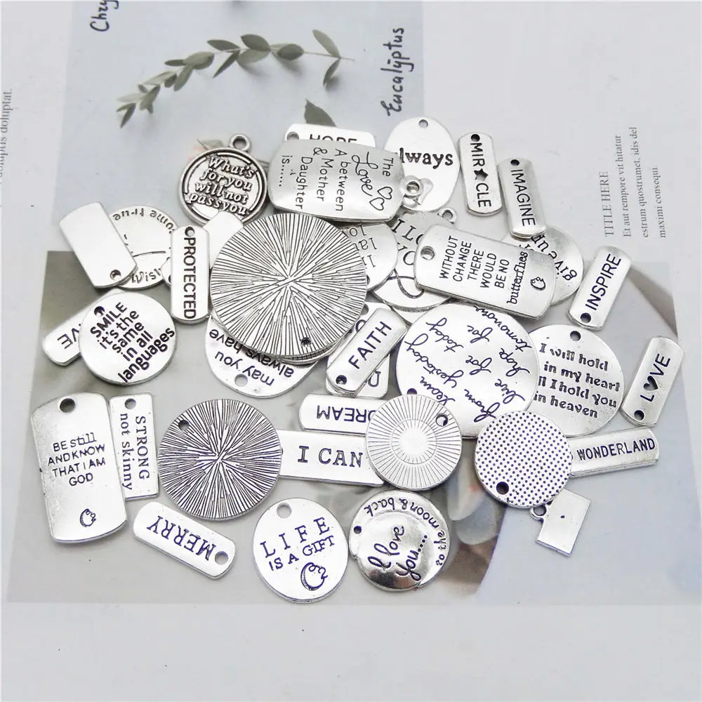 20PCS Alloy Alphabet Charms Mix Silver Color Love Faith Inspiration Words Pendant For Women Bracelet Jewelry Making Accessory