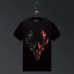 Plus Size 2025 Deer Rhinestones T Shirts Men Clothing Short Sleeve Summer Streetwear O Neck Slim Tshirts Camiseta Fashion Hombre