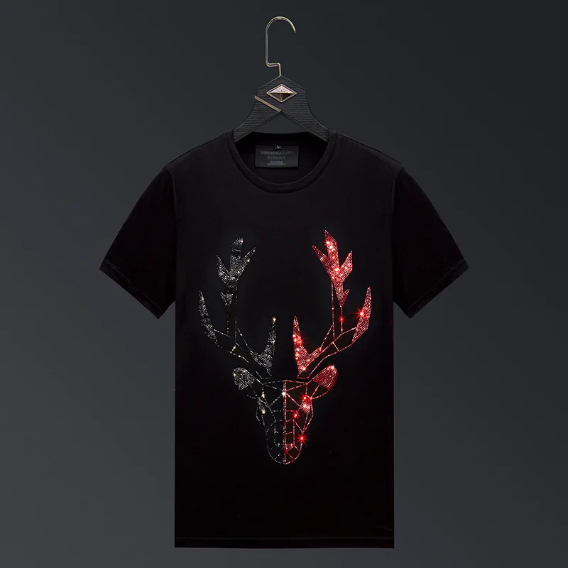 Plus Size 2024 Deer Rhinestones T Shirts Men Clothing Short Sleeve Summer Streetwear O Neck Slim Tshirts Camiseta Fashion Hombre