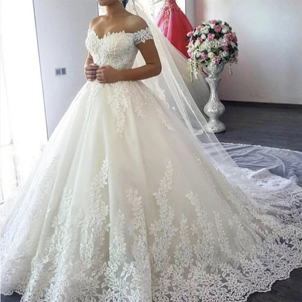 2019 어깨에서 벗어난 흰색 Vestido De Noiva 웨딩 드레스 기차 맞춤형 플러스 사이즈 Bridal Tulle Mariage