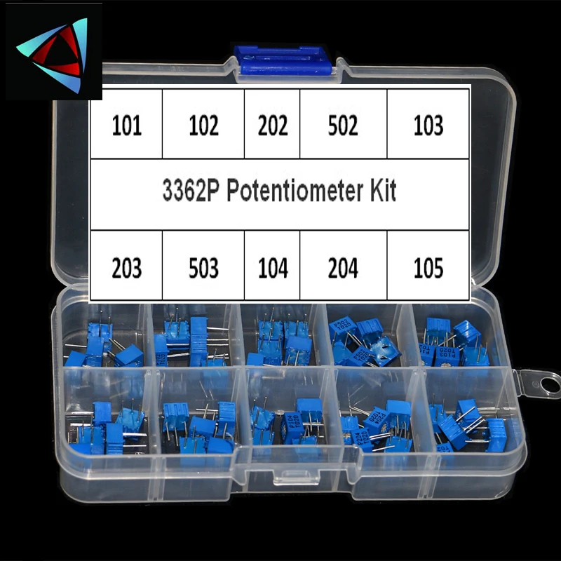 50PCS/LOT 3362P 100R-1M ohm 10values*5PCS 3362 101-105 Multiturn Trimming Potentiometers Kit