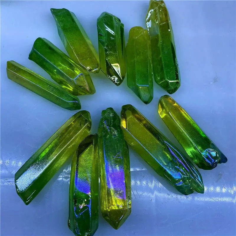 Wholesale Aura angel quartz wand natural Yellowgreen tune electroplating crystal point specimen Polished Healing