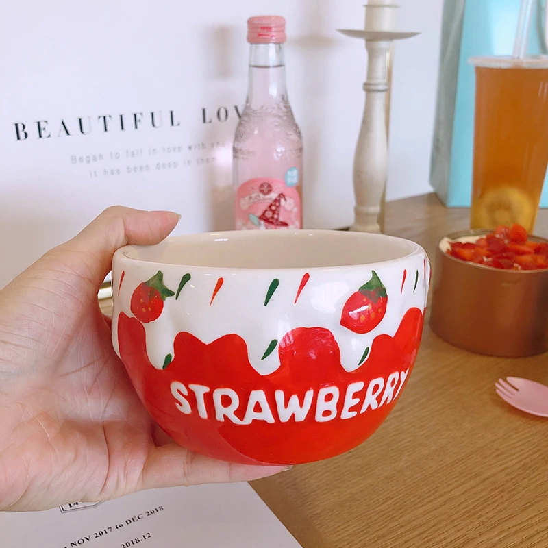 Ins Style Cute Sweet Strawberry Milk Bowls Creative Ceramic Large Fruit Salad Bowl Home Breakfast Cup Mug Bowls Gift for Girls