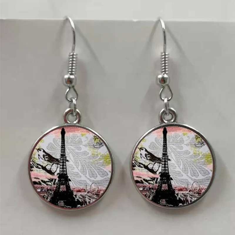 Romantic City France Paris Eiffel Tower Literature Simple Style Earrings Glass Convex Jewelry DIY Earrings Women Lover Gift