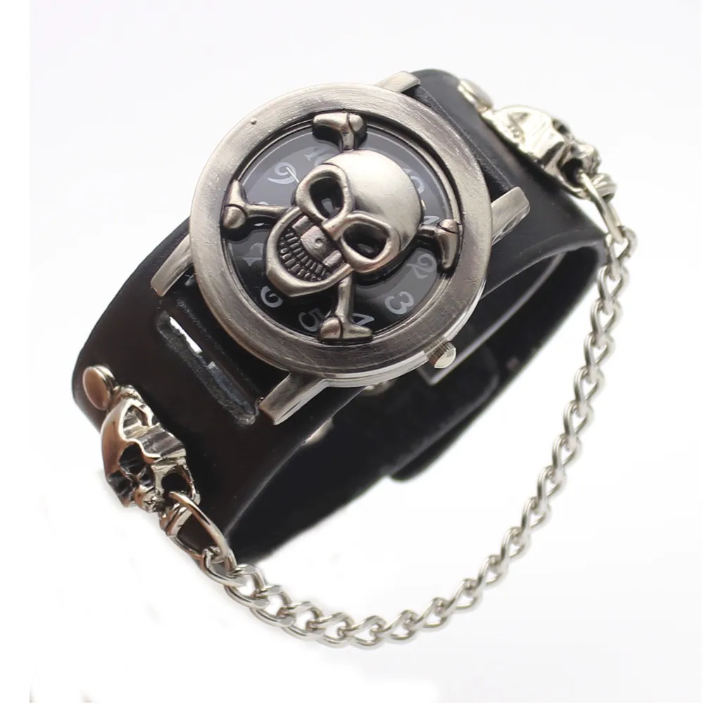 Skull Large Dial Clamshell Quartz Men's Watch Chronograph Military Pu Leather Chain Wrist Watches Relojes Para Hombre