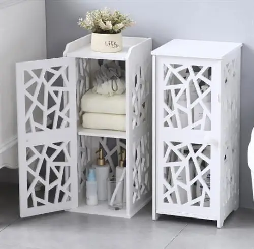 

PVC Furniture, Bathroom Shelf, Geometric Pattern, Layered Structure Up and Down, Double Doors 【28*28*120cm】