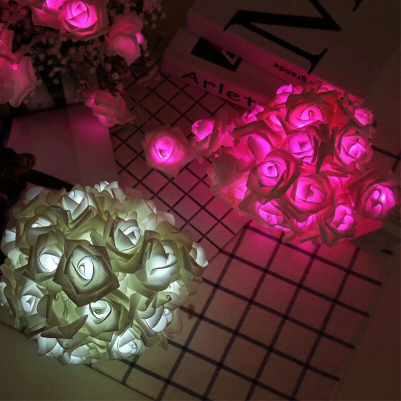 OURFENG Indoor LED String Light Rose Lantern String USB Battery Box Simulation Rose Christmas Wedding Room Decoration