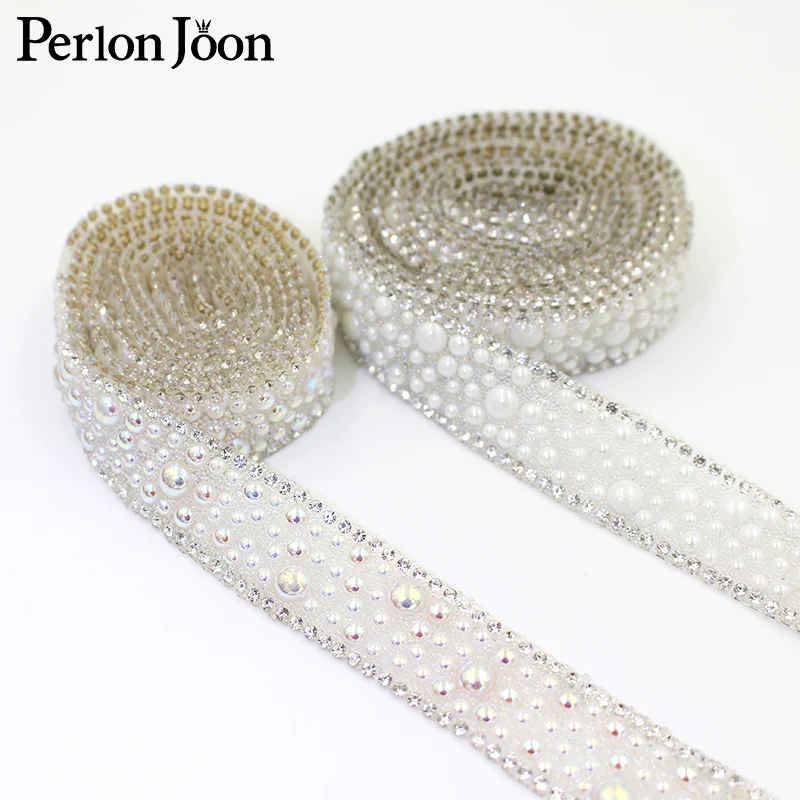 1yards New white AB color pearl decoration rhinestone trim hot fix ribbon bridal wedding shoes decoration accessories TR113