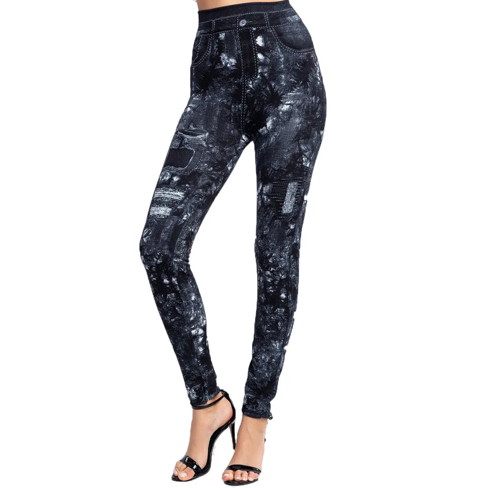 VISNXGI Slim Women Leggings Faux Denim Jeans High Waist Elastic Pants Fitness Sports Workout Running Push Up Leaf Print Trousers