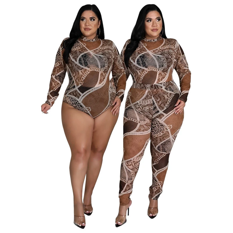 Sexy Outfits Women Plus Size Clothing Long Sleeve Bodysuit and Pants Clubwear Transparent Mesh Party Two Piece Set Dropshipping