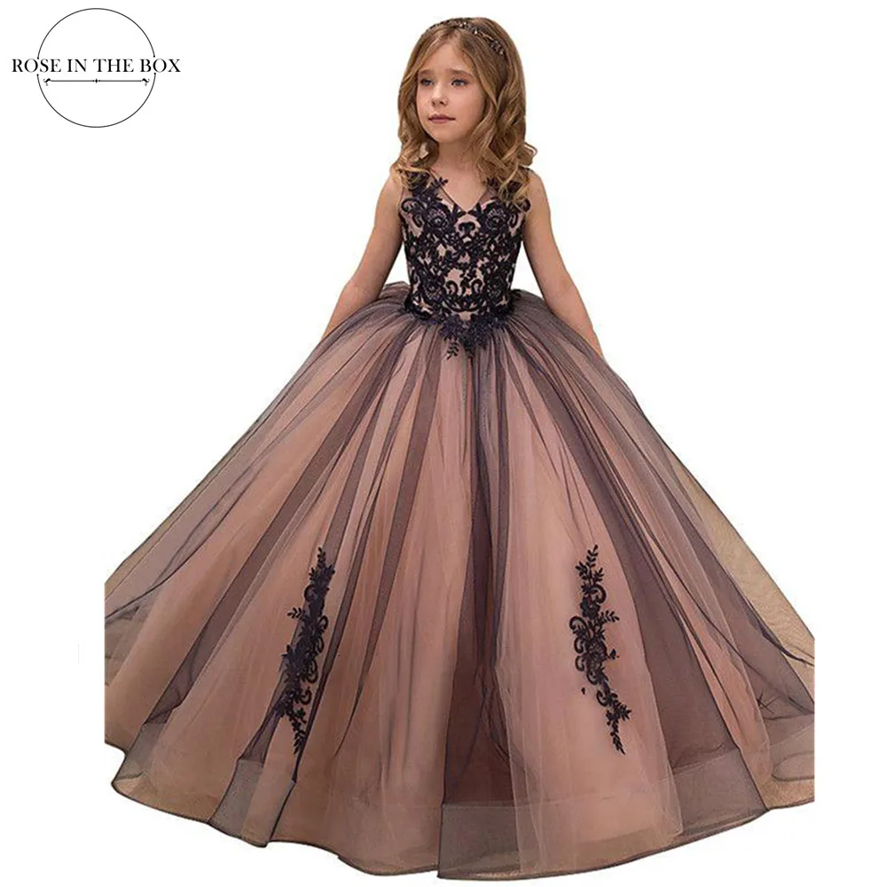 Children's Elegant Applique Lace Dress For Girls V Neck Ball Gown  Princess Black Tulle Flower  Girl Dresses Christmas Birthday