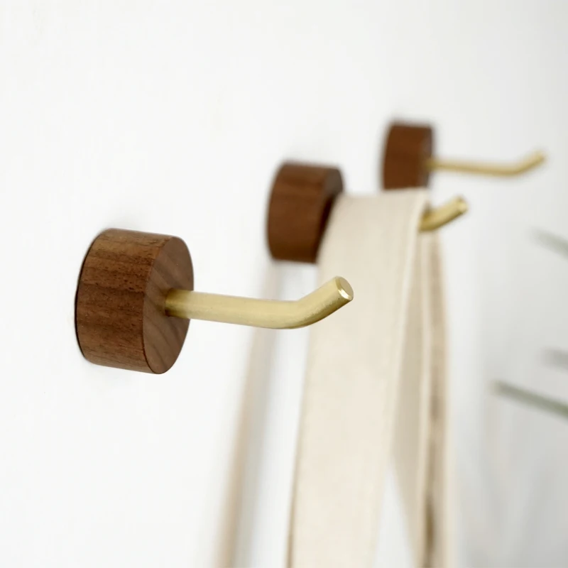 

Natural Wooden+ brass Wall Hanger Robe Hook Wood Home Room Decoration Wall Mounted Coat Clothes Scarf Hat Bag Storage Hooks