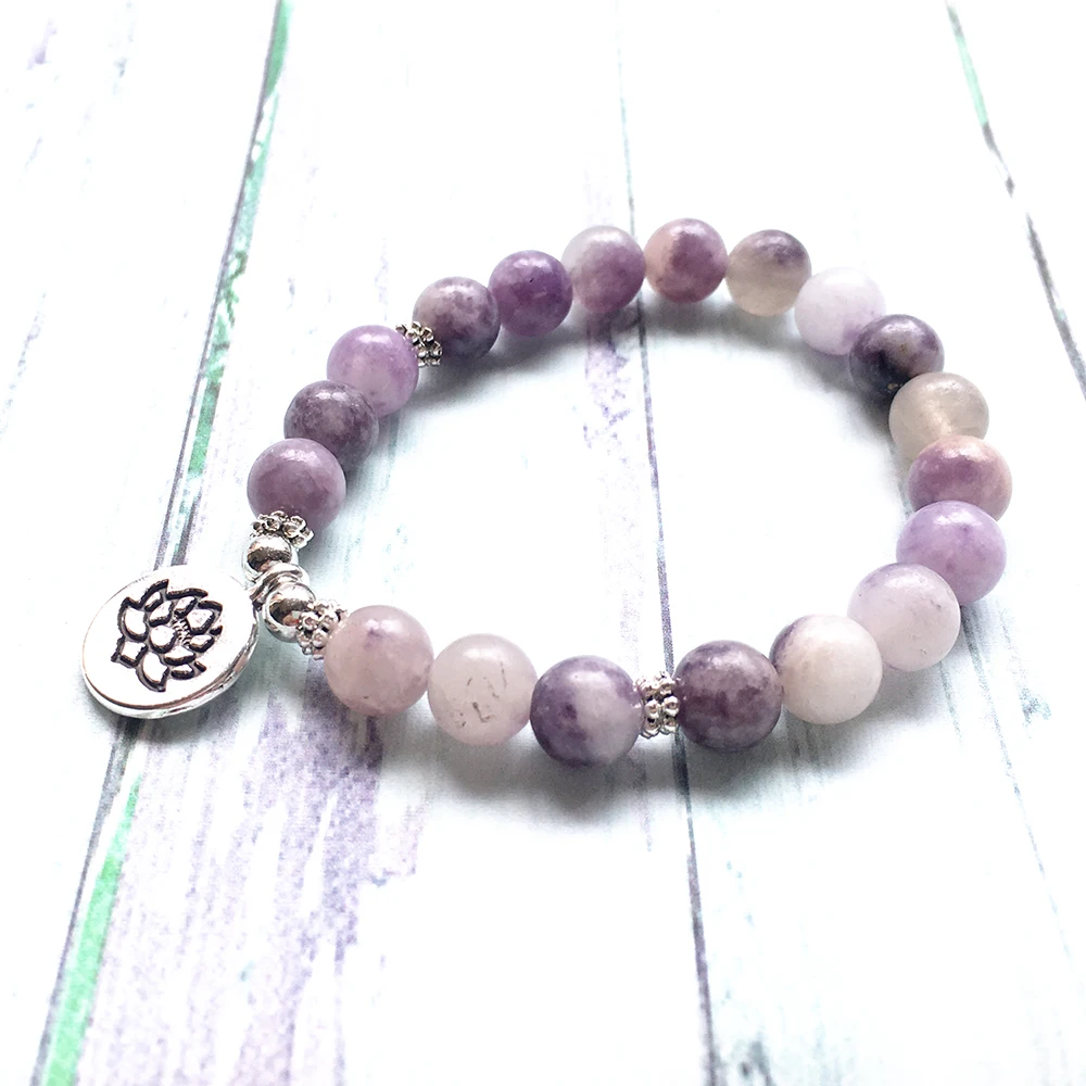 Ruberthen 8 MM Lilac Bracelet For Women Natural Gemstone Lotus Yoga Mala Bracelet Trendy Meditation Energy Protection Bracelet