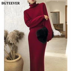 BGTEEVER Autumn Winter Ladies 2 Pieces Sweater Set Women Turtleneck Pullover Jumpers & Elastic Mid-length Pencil Knitted Skirts