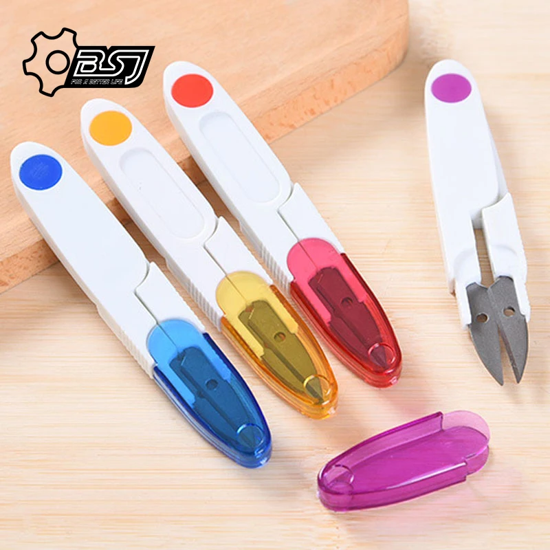 1Pcs Yarn Shear Plastic Handle Safety Cover Sewing Scissors Thread Embroidery Cutter Portable Cutter Mini Spring U Shape