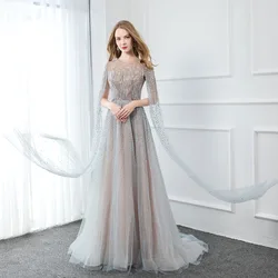 YQLNNE 2022 Luxury Crystals Beaded Evening Dresses Long O Neck Silver Tulle With Shawl Sleeve Elegant Formal Gowns