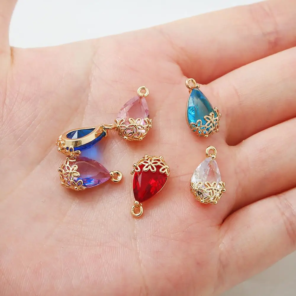 9x16mm 1Pc plum blossom Copper Plated Drop Water Shape Shining Zircon Crystal Pendants for Diy Earrings Findings Necklace Charms
