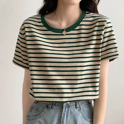 Cotton T Shirt Women 2023 Summer Loose Striped T Shirts Casual O Neck Basic Ladies Clothes Korean Fashion T-shirt Female Tee Top