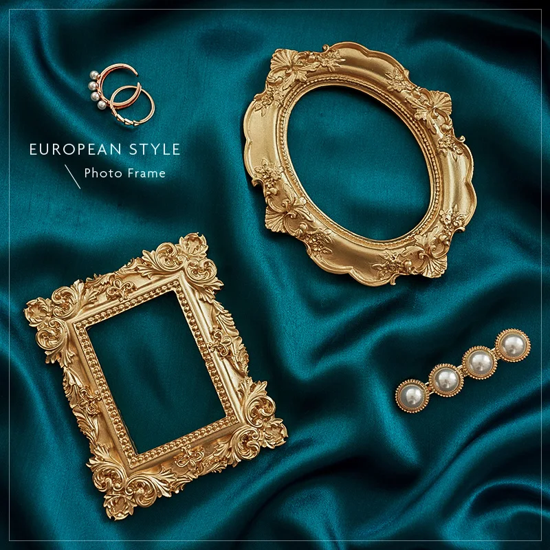 Photography Backdrops Silk Cloth & Golden Vintage Photo Frame Shoot Studio Props Background Fotografia for Jewelry Earrings Ring