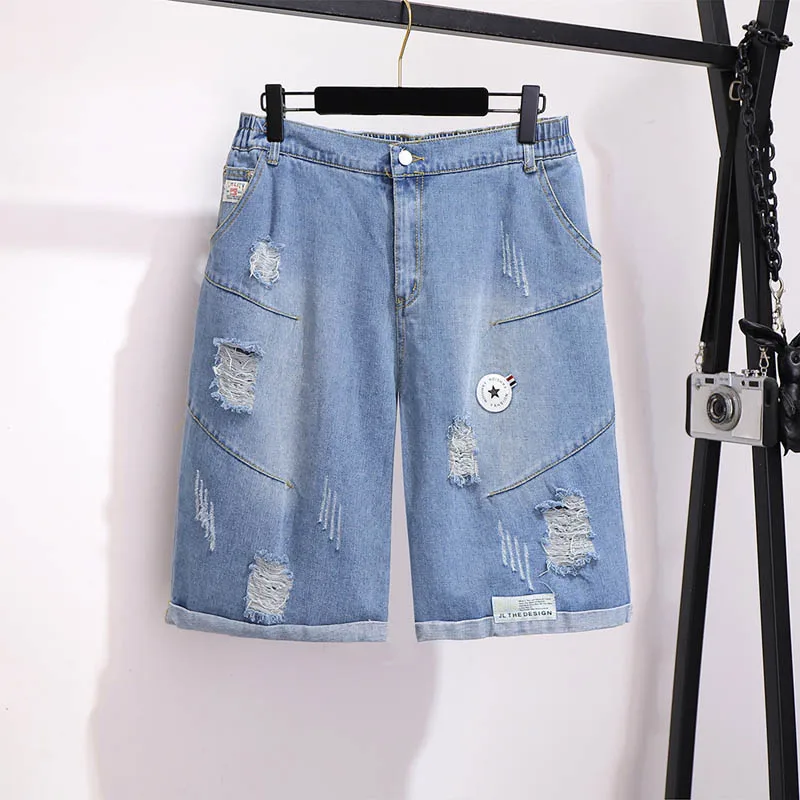 

150Kg Plus Size Women's Summer Loose Straight Ripped Harem Five-Point Jeans Blue Hip 154cm 5XL 6XL 7XL 8XL 9XL