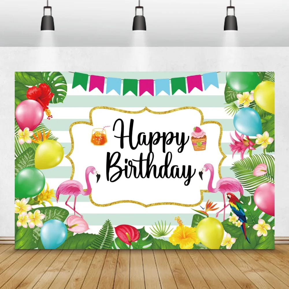 

Tropical Flamingo Party Child Birthday Photo Background Summer Plants Balloons Pattern Baby Portrait Stripe Photography Backdrop