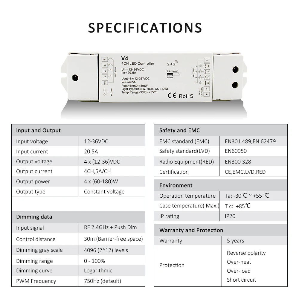 LED Dimmer V4 12V DC 24V 36V 4 Channels Push Dim Switch PWM RF 2.4G Wireless Remote RS6 Control for Single Color LED Strip Light