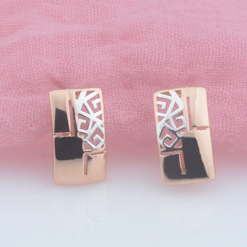 FJ 10m Square White Pattered Women 585 Rose Gold Color Dangle Without Stone Earrings