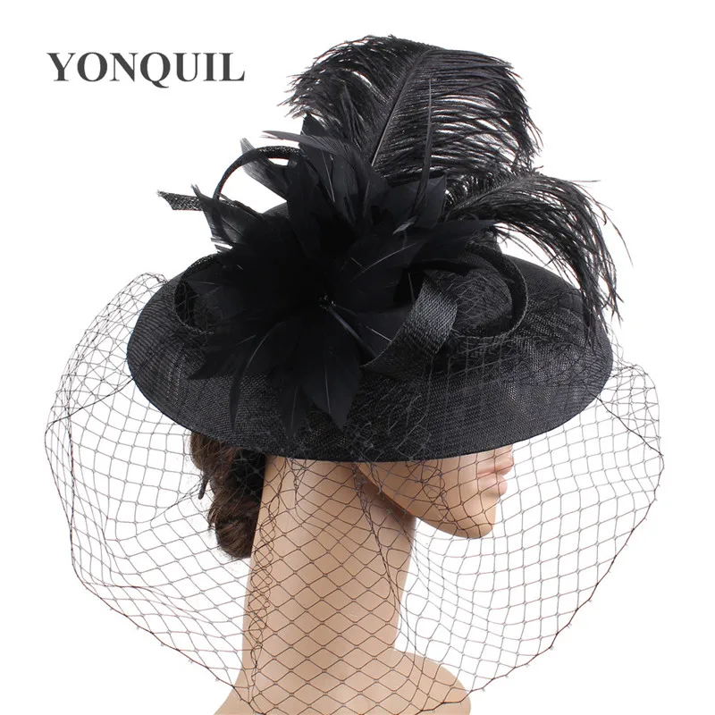 Women Fashion Wedding Hats And Fascinators For Bride feather Floral Veil Bowler Hat Women Banquet Black Party Millinery Cap