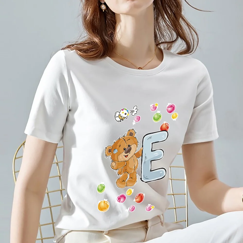 

Hot Selling Women's Fashion T-shirt Casual Slim Top 26 English E Letter Bear Pattern Print Top Round Neck Commuter Clothing