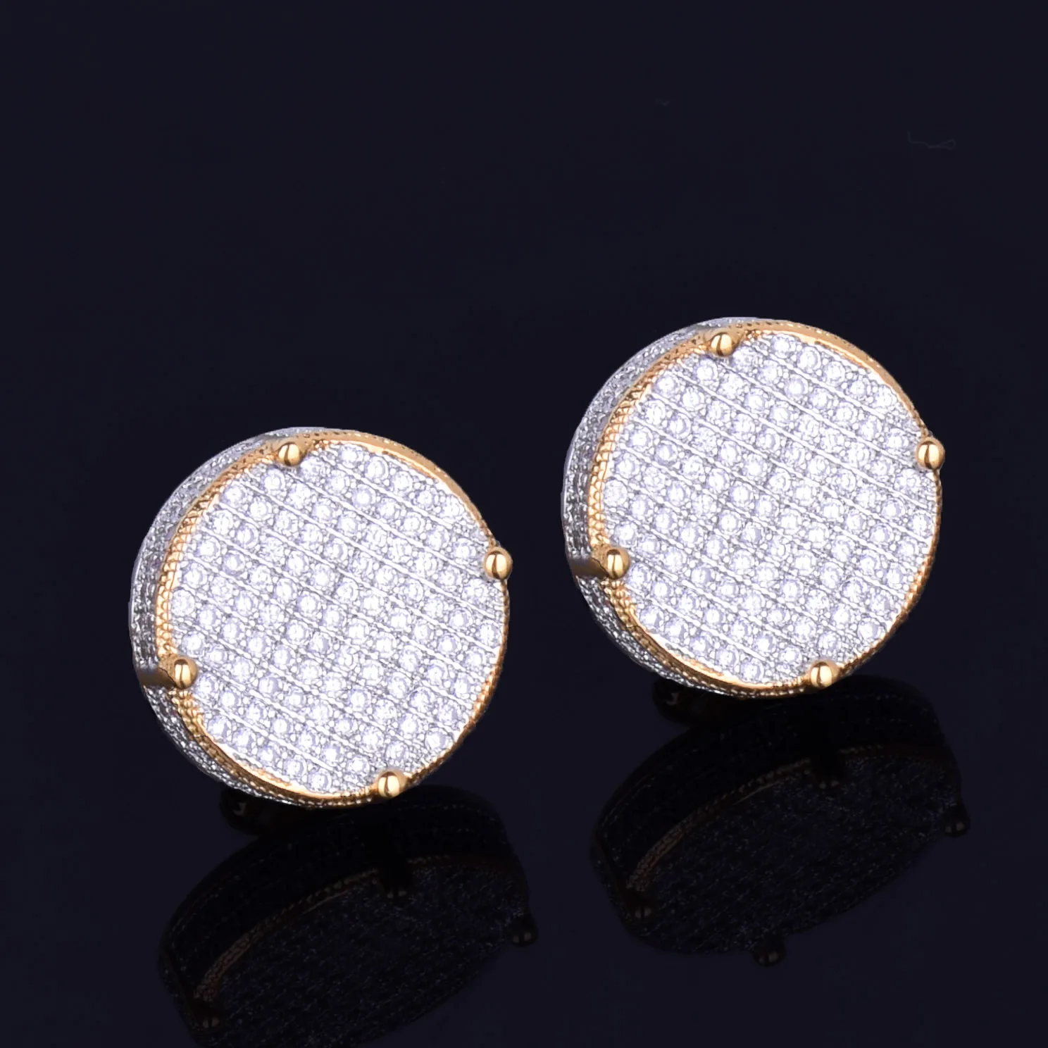 14MM Gold Color Big Round Stud Earring AAAA Cubic Zircon Screw Back Men\'s Earrings Fashion Hip Hop Jewelry