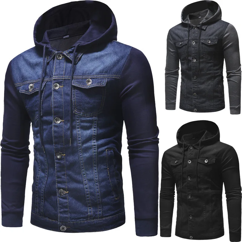 Men's casual hooded denim jacket European and American large size men's casual jacket