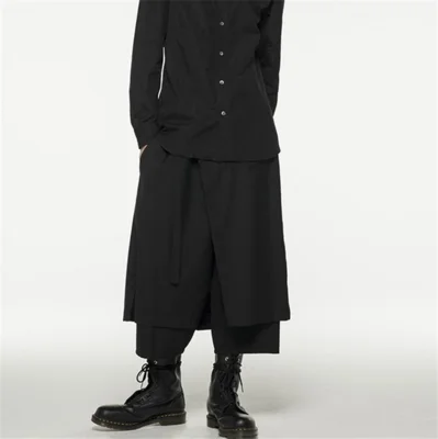 

New Fashion Men's loose dark culottes irregular fake two straight-leg pants with casual pants baggy trousers
