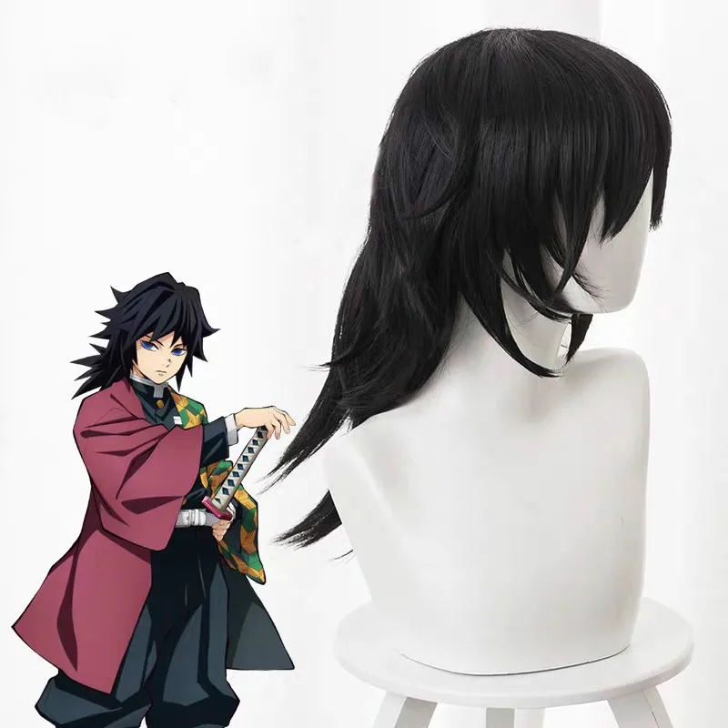 Pelucas de Cosplay de Anime Kimetsu No Yaiba, Tomioka Giyuu, peluca sintética, fiesta de Halloween, hoja de demonio, peluca de Cosplay + gorro de peluca