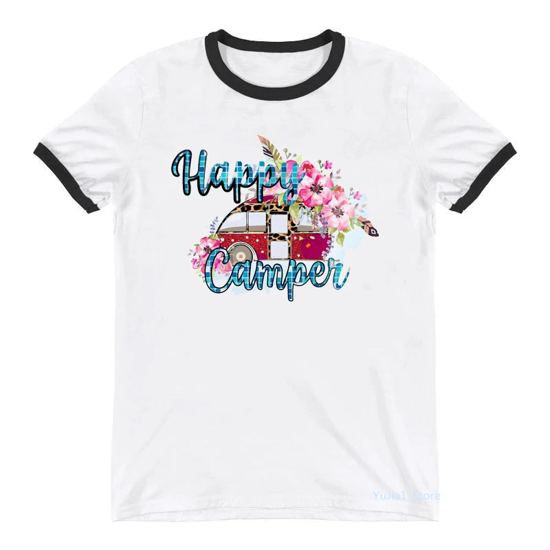 

2021 Hot Sale Happy Camper Flowers Graphic Print Tshirts Women Clothes Summer Fashion Female T-Shirt Harajuku Shirt White Tops