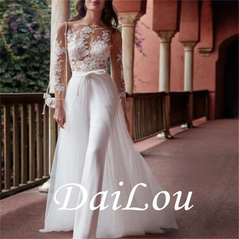 DAILOU Eightale Boho Wedding Dresses Appliques Lace A-Line Tulle Wedding Gown Beach Simple Bridal Dress bestidos de novia 2021