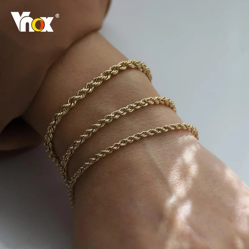 Vnox Chic Rope Chain Bracelets for Women Men, 2/3/4/5mm Stainless Steel Flash Links Female Wrist Jewelry, Length Adjustable