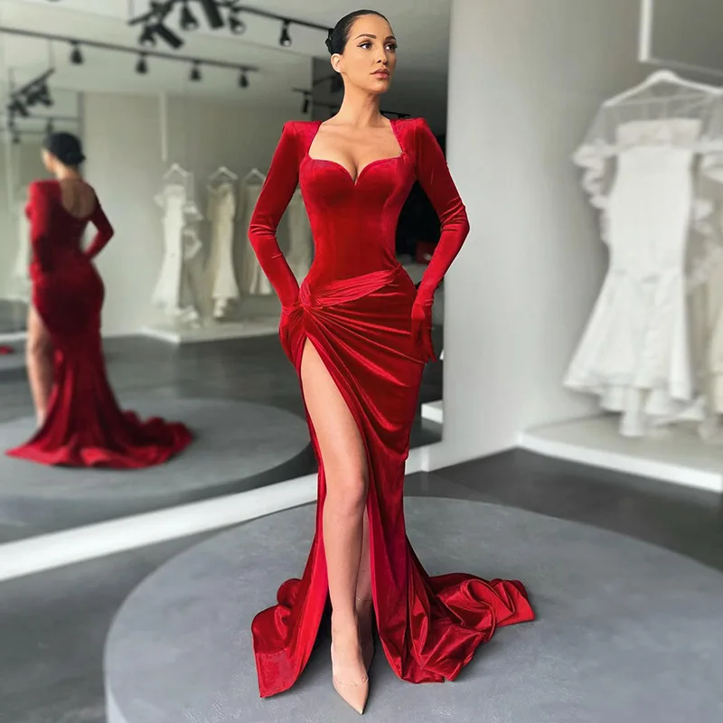 Sexy V Neck Long Sleeve High Split Long Maxi Dress Night Club Prom Wedding Party Dresses Women Evening Elegant Red Velvet Dress