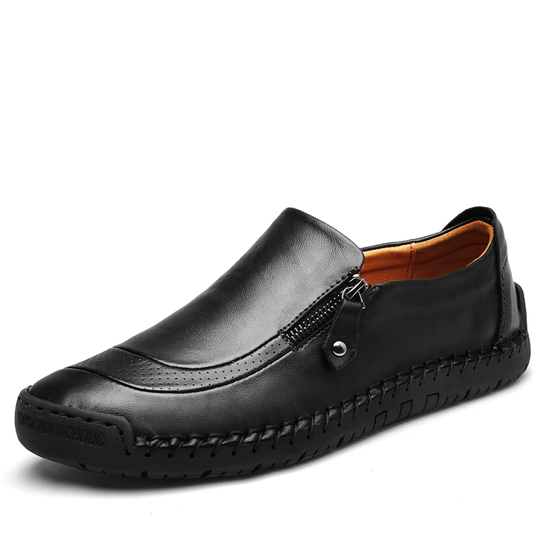 

Fshion Men's Leather Casual Shoes Handmade Loafers Vintage Moccasin Slip on Rubber Flats Anti-skid Zip Opening Plus Size 38-48