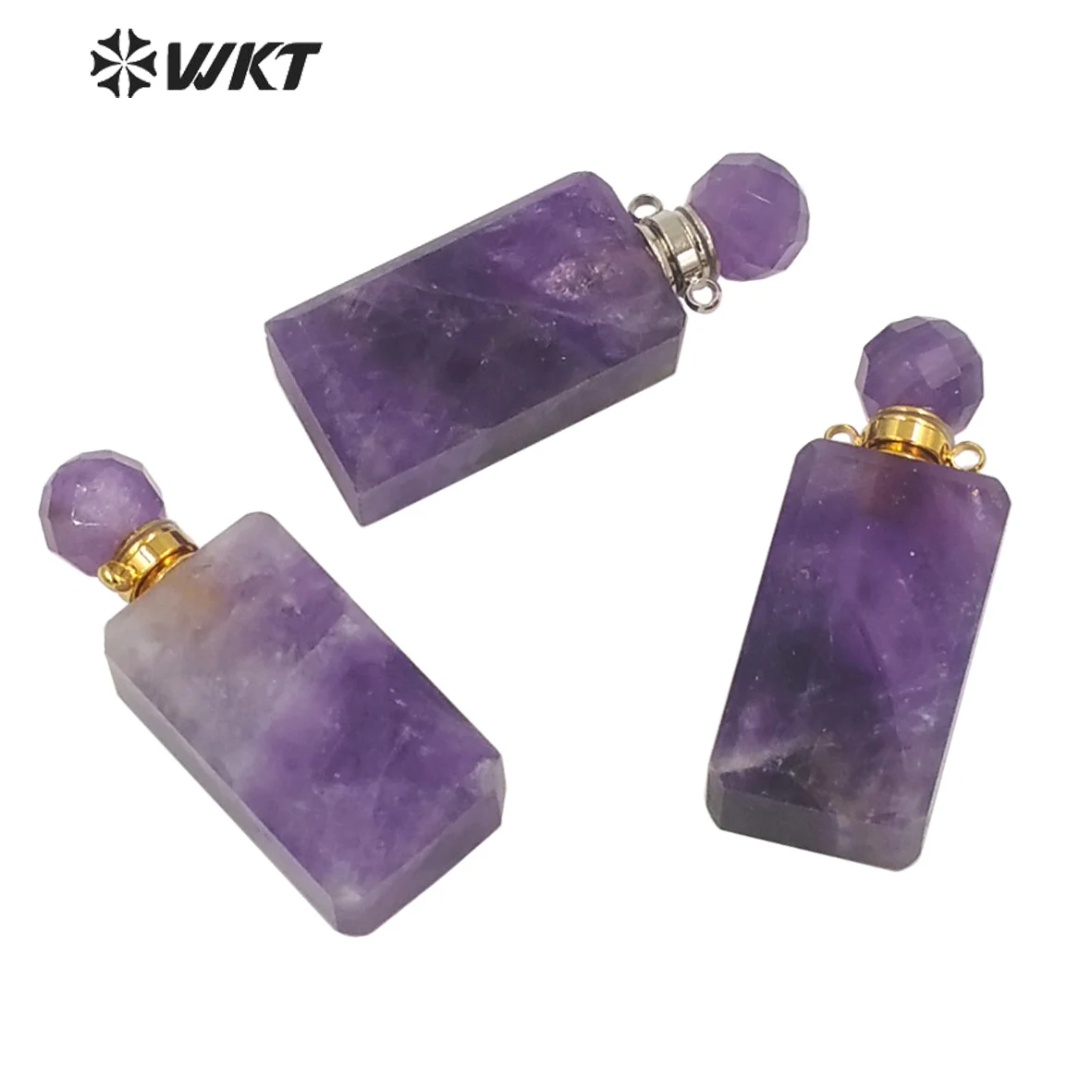 

WT-P1633 Amazing gold long square amethysts made stone bottle for load perfume natural stone essencial oil bottle