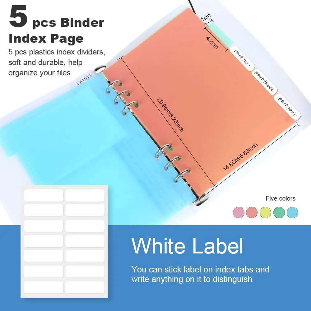 10Pcs A5 Round Ring Binder Cover Planner Set PVC Notebook Protector + Subject Dividers + 2 Pcs Binder Pockets + Ruler + Labels