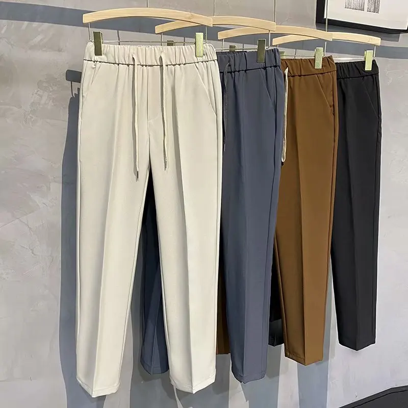 Khaki Drawstring Elastic Waist Men\'s Suit Pants Business Casual Fashion Drape Spring Autumn Male Trousers Office Men Clothing