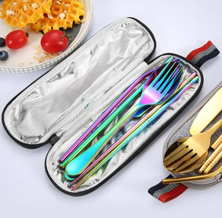 Portable Flatware Set 5 Colors Tableware 8pcs/sets Outing Dinnerware Stainless Steel Straw Brush Spoon Fork Chopsticks Knife