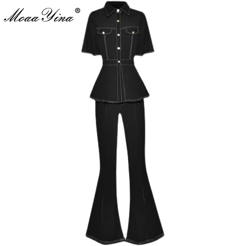 MoaaYina Fashion Designer Summer Black Pants Suit Women's Short sleeve Single-breasted Tops and Flare Pants Two Pieces Set