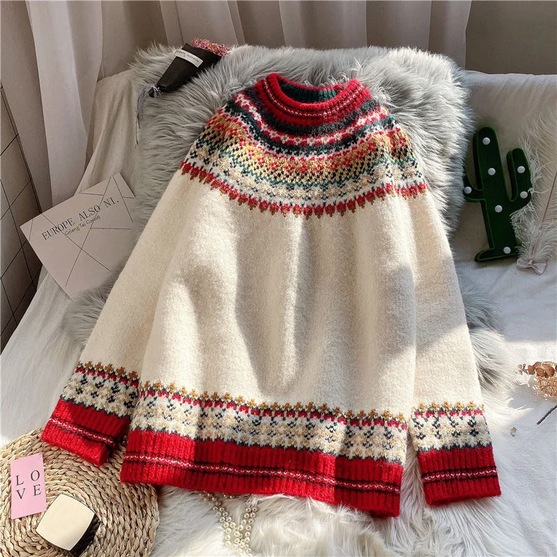 Autumn Winter Clothes Women Christmas Party Jacquard Knitted Sweaters Female Midi Casual Long Sleeve Loose Warm Pullover Tops