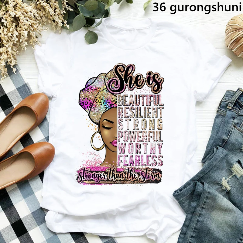 

Watercolor Leopard She Is Beautiful/Resilient/Strong/Powerful/Worthy/Fearless T-Shirt Women Black Girl Magic Tshirt Femme Tops