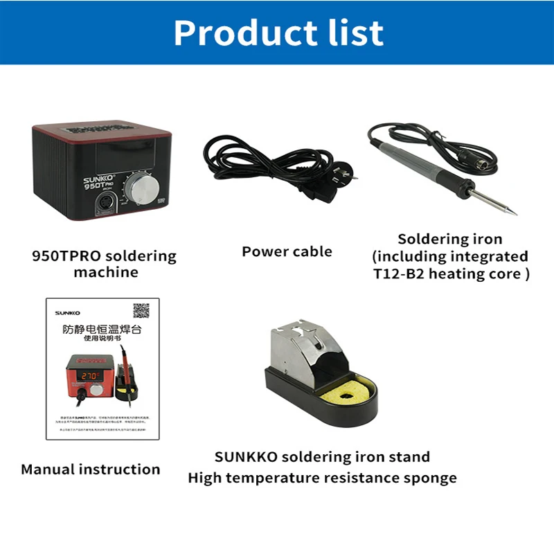 SUNKKO 950T Pro Electric Soldering Iron 75W Mini Soldering Station Temperature Adjustable T12 Portable Welding Repairing Station