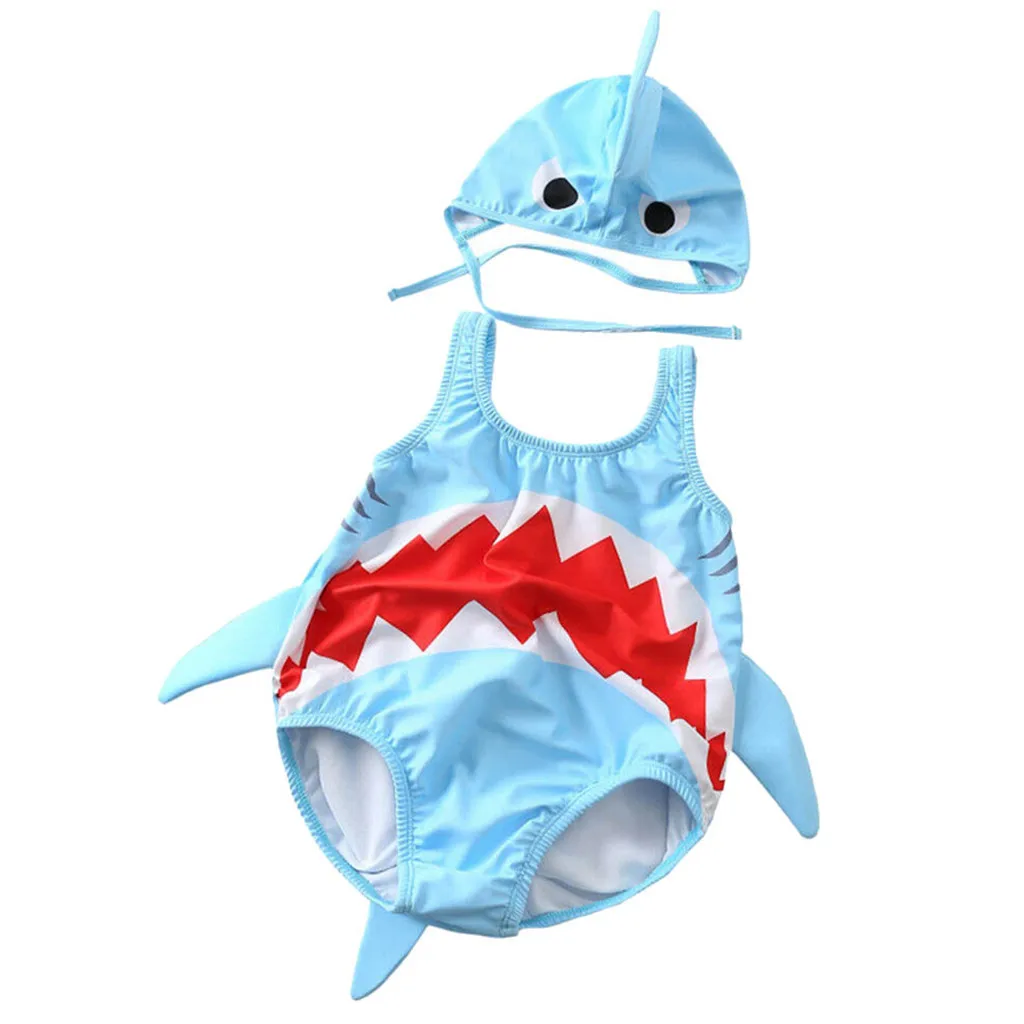 Babys Summer Clothes Swimsuits Toddler Kids Baby Girls Boys Cartoon Shark Swimsuit Bikini Swimwear Romper Hat Bathing Suit