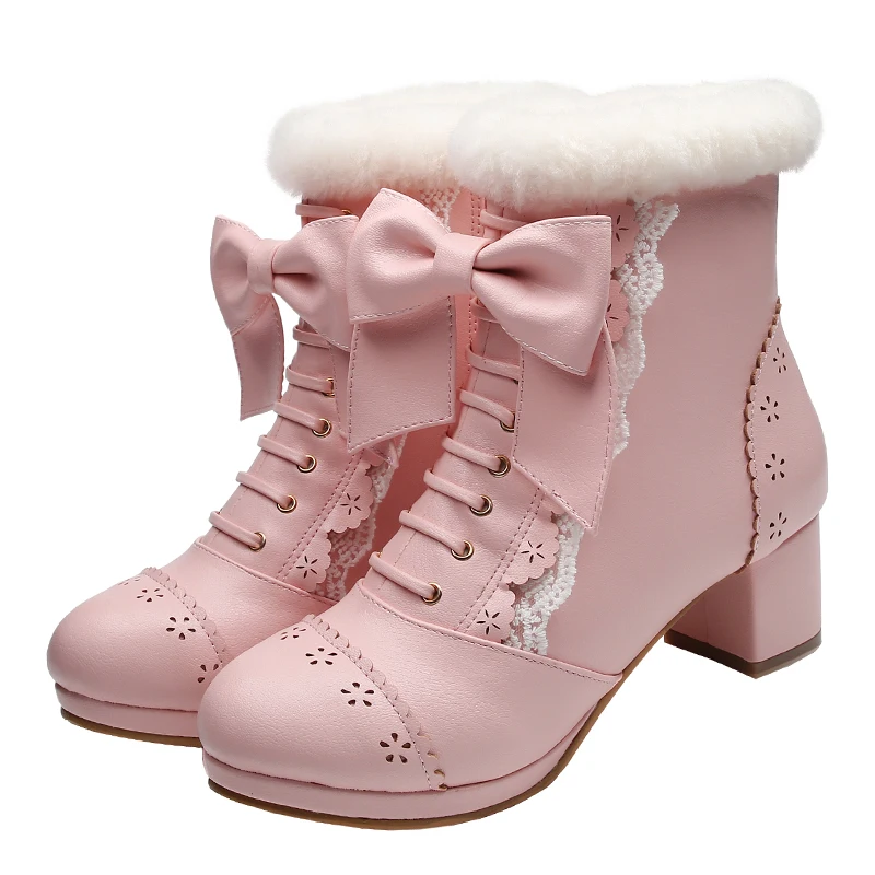 Winter ladies Japanese Sweet lolita shoes cosplay shoes women Plus velvet PU   Boots Princess  shoes