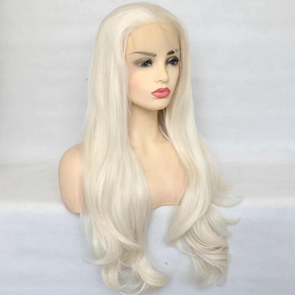 Voguequeen Platinum Blonde Synthetic Lace Front Wig Long Wave Hair Heat Resistant Fiber Natural Hairline For Women