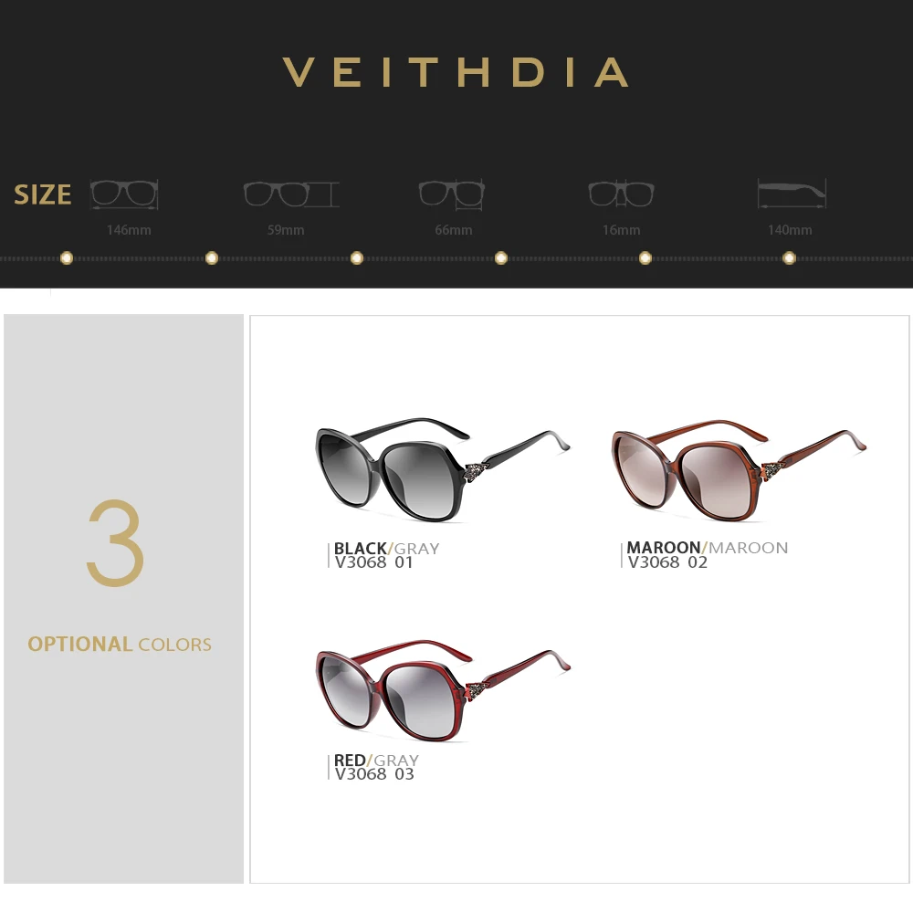 VEITHDIA Women Sun Glasses Polarized UV400 Lens Luxury Ladies Fashion Gradient Sunglasses Eyewear Accessories For Female 3068
